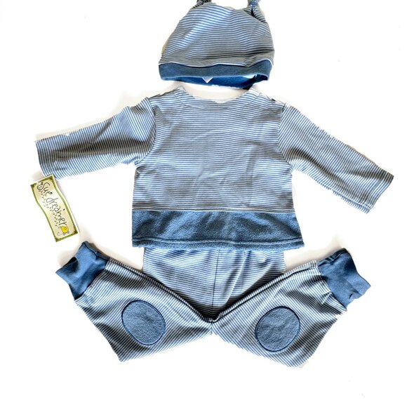 NWT Baby Boy 3pc Blue Outfit Set 6-9 Mo, Long Sleeve Top, Pants, Hat 100% Cotton - Picture 2 of 7